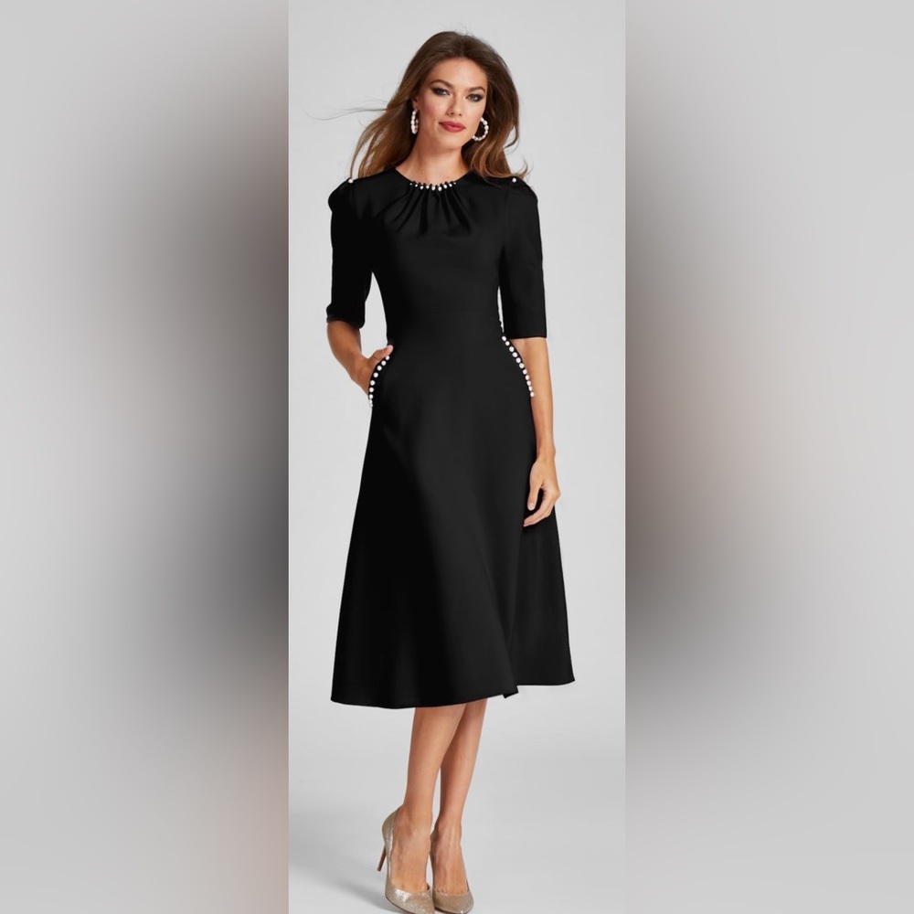 RICKIE FREEMAN FOR TERI JON
Pearl-Trim Ruched Crepe Midi Dress